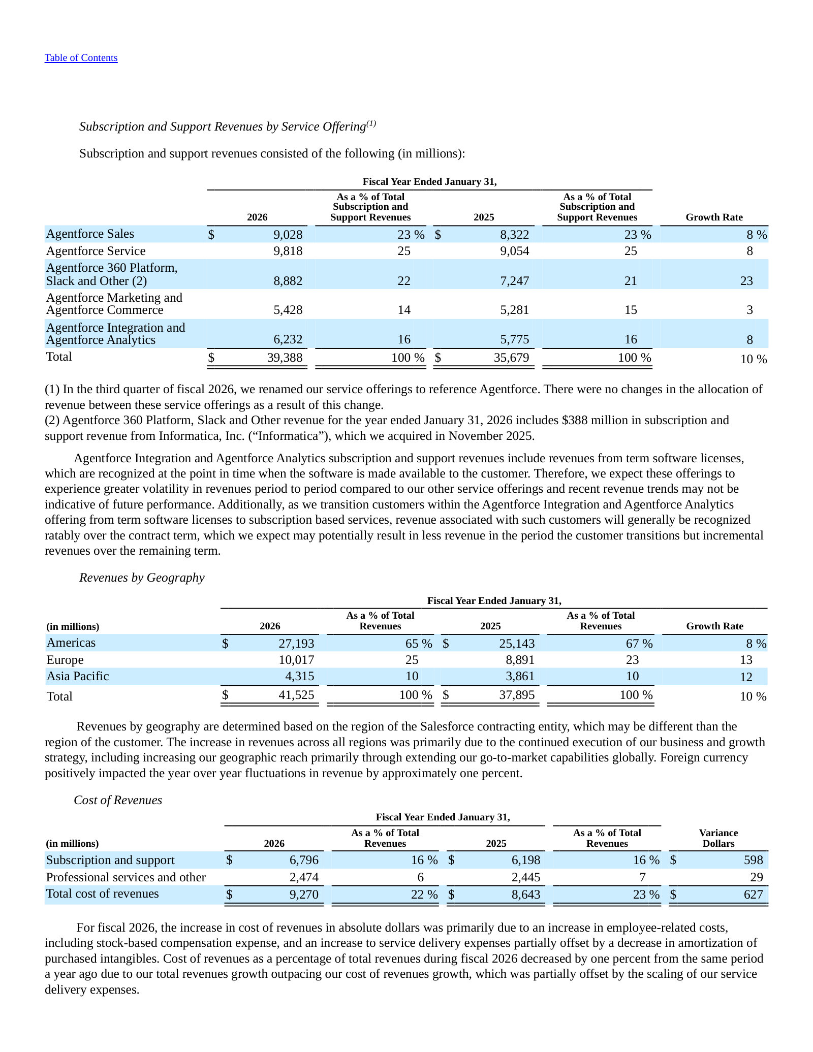 Subscription revenue by service offering — every cloud now branded 'Agentforce,' with growth rates.
